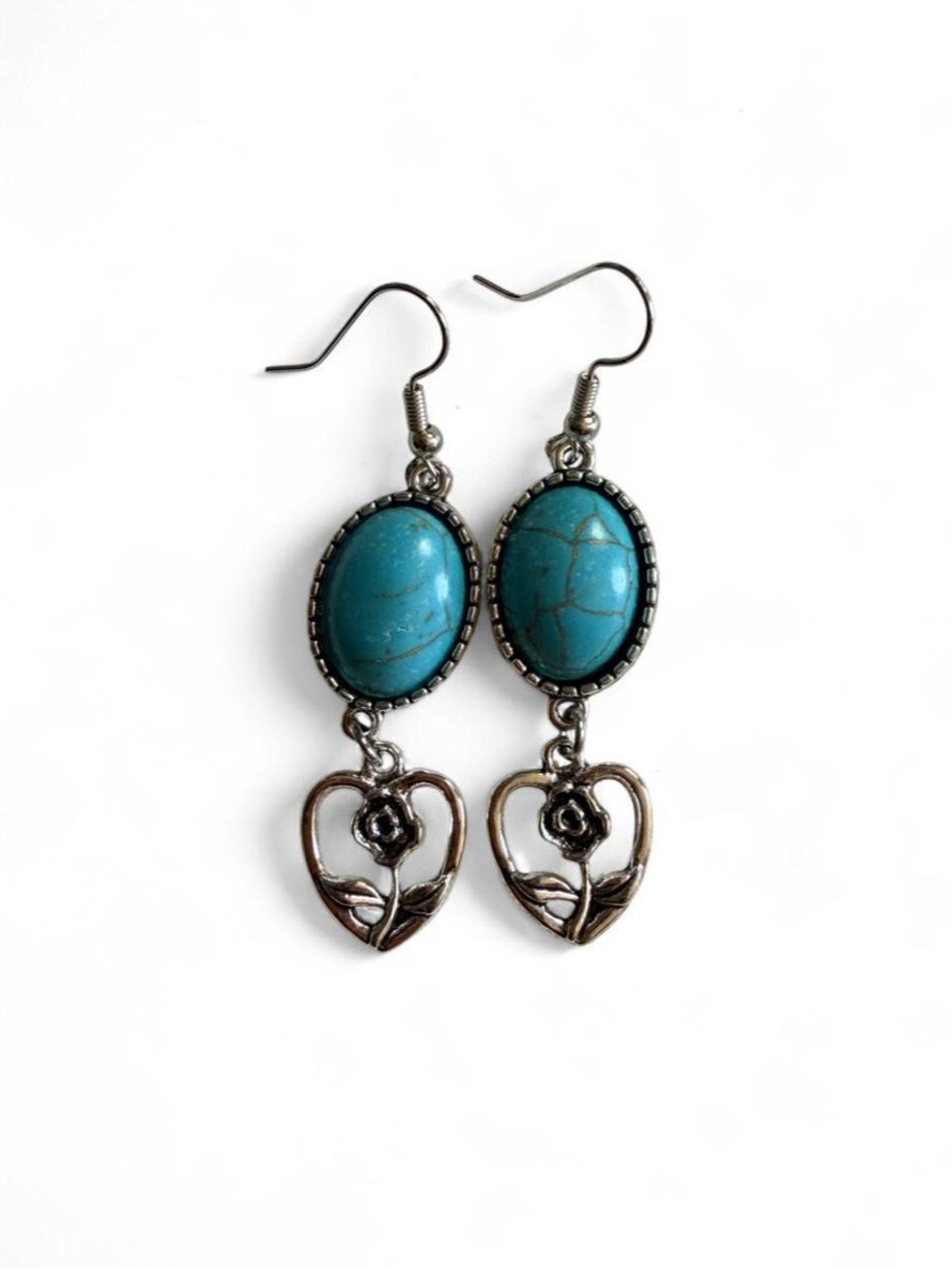 Handmade Turquoise & Silver Rose Heart Earrings